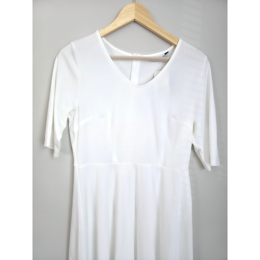 NWT Elesol White Midi Dress L Short Sleeve Flowy Skater Casual Stretch - Picture 4 of 10